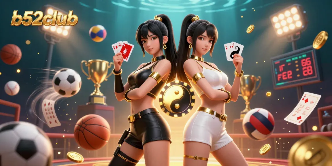 B52club showcases a dynamic scene with twin Asian women embodying casino energy through powerful poses and vibrant game elements.