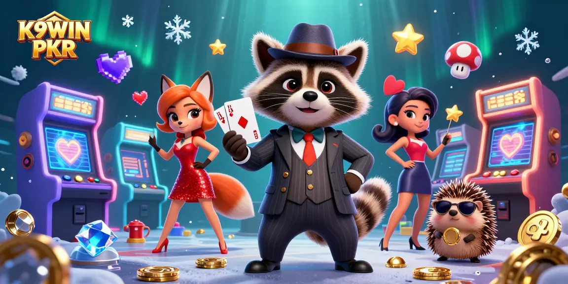 Experience thrilling gameplay with K9WIN PKR in this dynamic casino illustration featuring iconic game elements and characters.