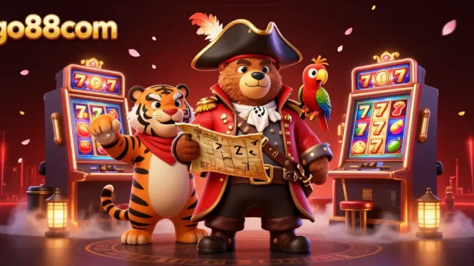 Experience thrilling gameplay at go88com with pirate and tiger amidst slot machines and vibrant casino elements.