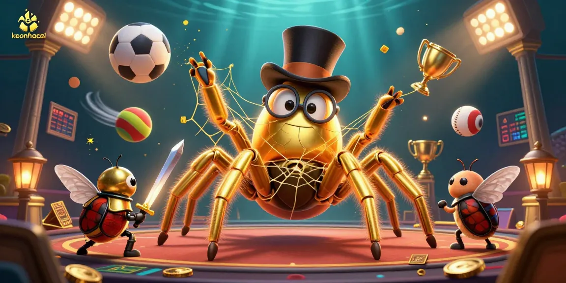 Engage with keonhacai in a lively casino scene featuring a golden tarantula, beetle knight, and dynamic sports items.
