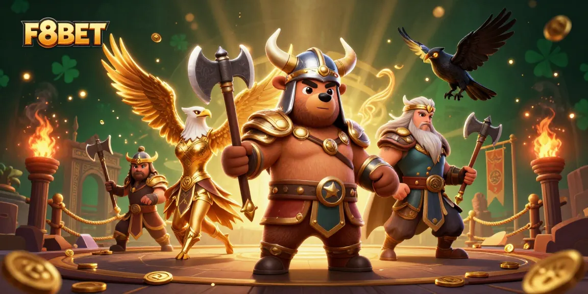 Engage with F8BET in a vibrant 3D illustration showcasing casino action with dynamic characters.