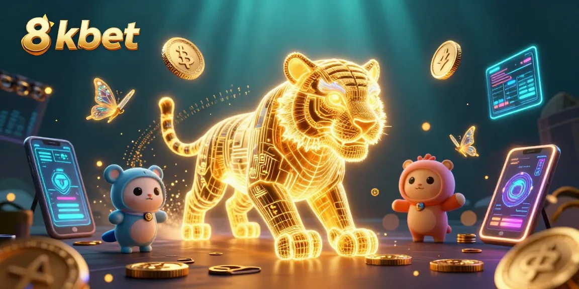 Engage with 8xbet's dynamic casino experience featuring a neon tiger and crypto-themed visuals.