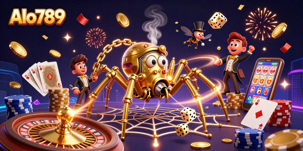 Alo789 captivates players with a dynamic casino scene showcasing a golden steampunk spider web, vibrant chips, and spinning roulette.