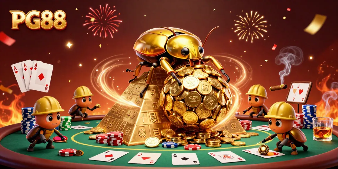 Experience PG88’s vibrant casino world with beetles rolling gold coins amidst poker-table action.