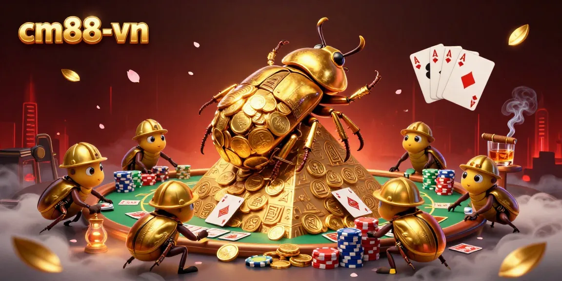 Experience thrilling gaming with the cm88-vn cartoon beetles rolling golden coins in a vibrant casino setting.