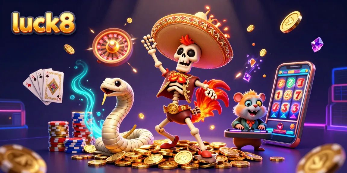 Spin and win with luck8 at the casino, featuring a lively mariachi rooster and vibrant gaming elements.