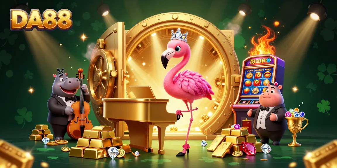 Spin the reels at DA88 with a glamorous flamingo singer and hippo bassist in a vibrant casino scene.