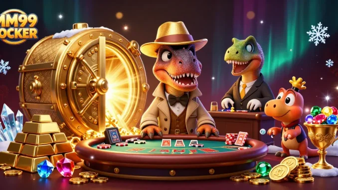 Experience the thrilling atmosphere of MM99 LOCKER with 3D characters at a blackjack table amidst gleaming treasures.