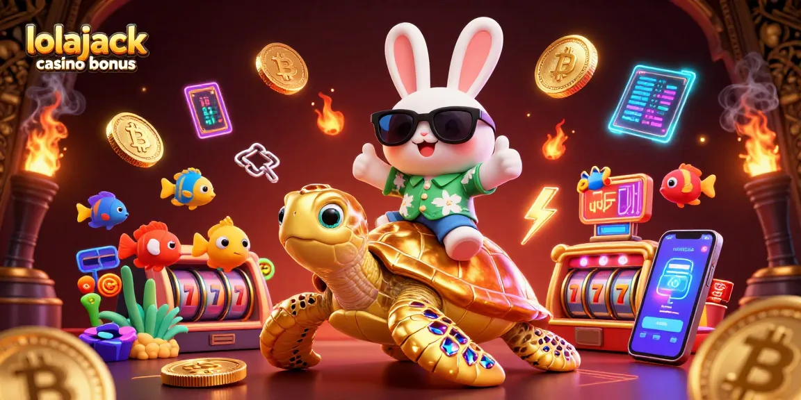Experience the excitement of online gaming with the lolajack casino bonus featuring a rabbit and sea turtle in a dynamic digital illustration.
