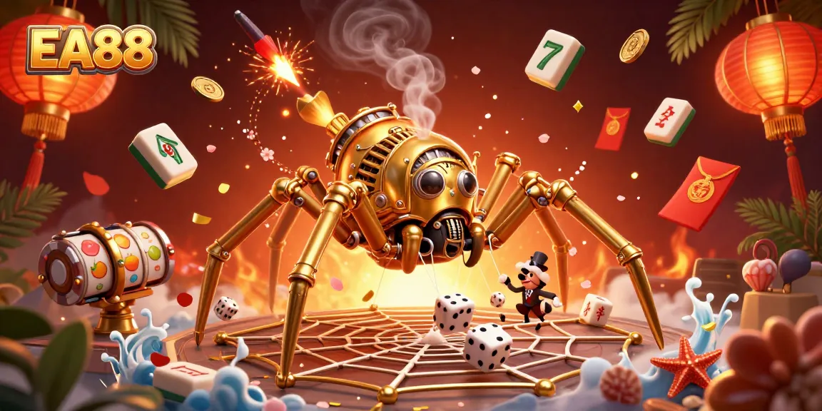 Experience the thrill of EA88 casino with a vibrant 3D steampunk illustration of luck and chance.