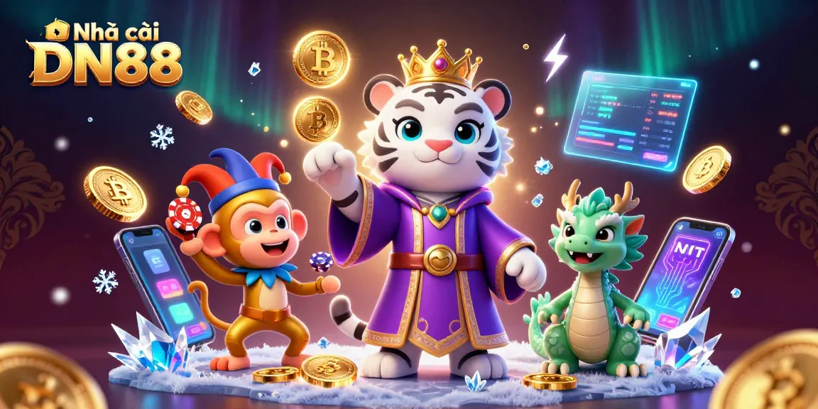 Experience the thrill at Nhà cái DN88 with a vibrant casino illustration featuring dynamic characters and rich gaming elements.
