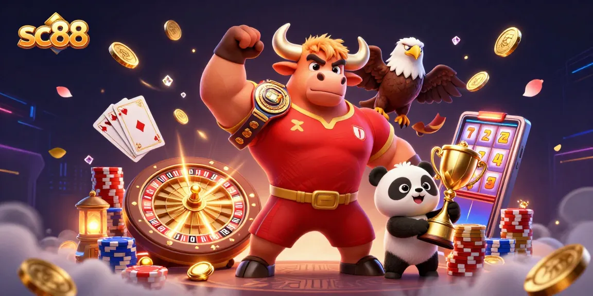 Win big with sc88 as a muscular bull mascot, eagle, and panda celebrate in a vibrant casino scene.