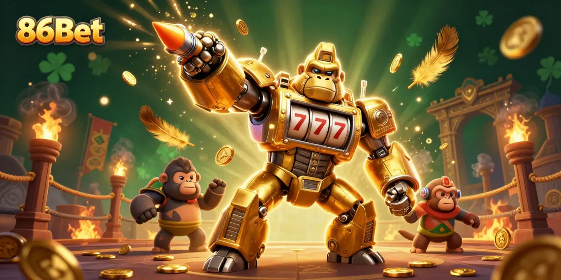Engage with 86Bet's thrilling online casino experience led by a dynamic golden gorilla mech.