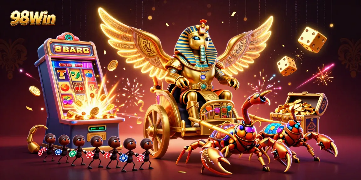 Experience thrilling gameplay at 98Win with colossal characters in a vibrant casino scene.