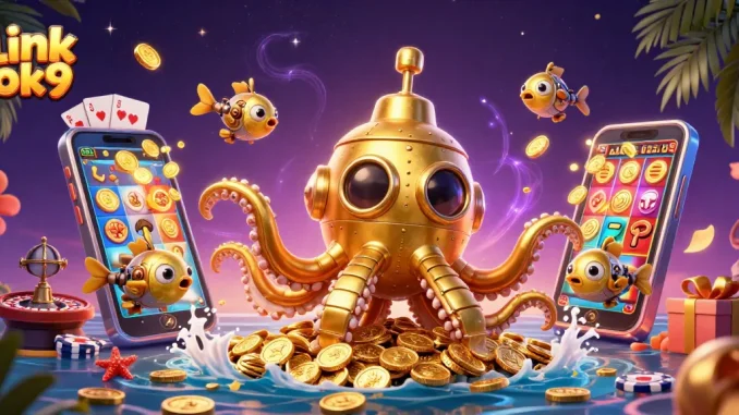 Spin the reels at link ok9 in a vibrant 3D illustration featuring a kraken submarine amidst golden coins.