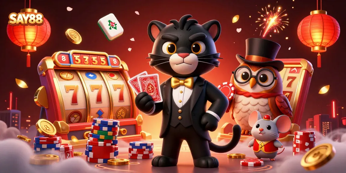 SAY88 showcases thrilling gameplay with a panther dealer, an owl, and a mouse amid floating slot reels.