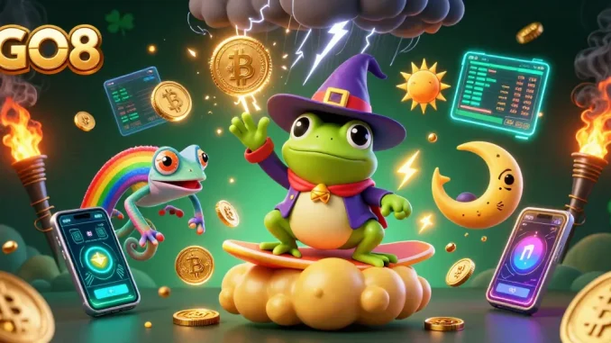 Experience the magic of GO8 with a wizard frog casting coins amidst vibrant crypto elements and gaming joy.