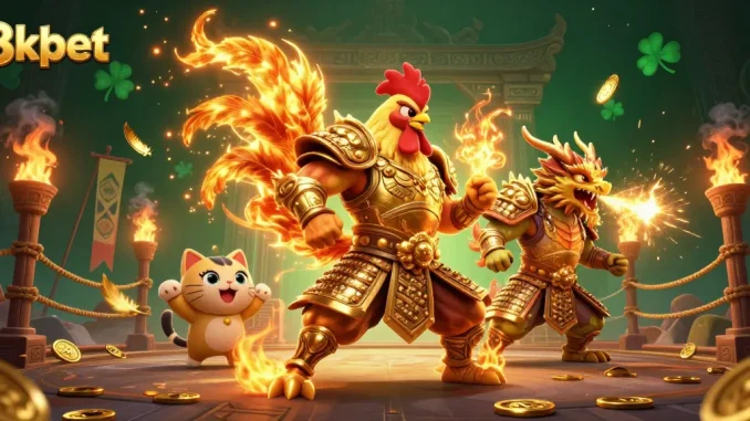 Engage in thrilling games at 8xbet, showcasing a rooster warrior and dragon in a dynamic casino scene.