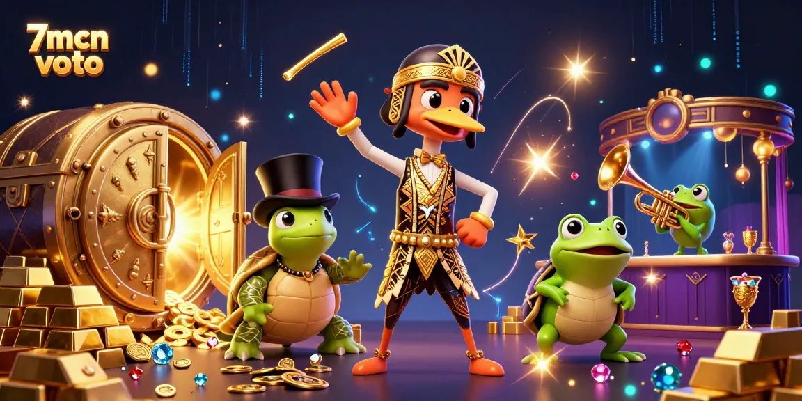 Engage with 7mcn voto's vibrant casino scene featuring energetic characters and sparkling treasures.