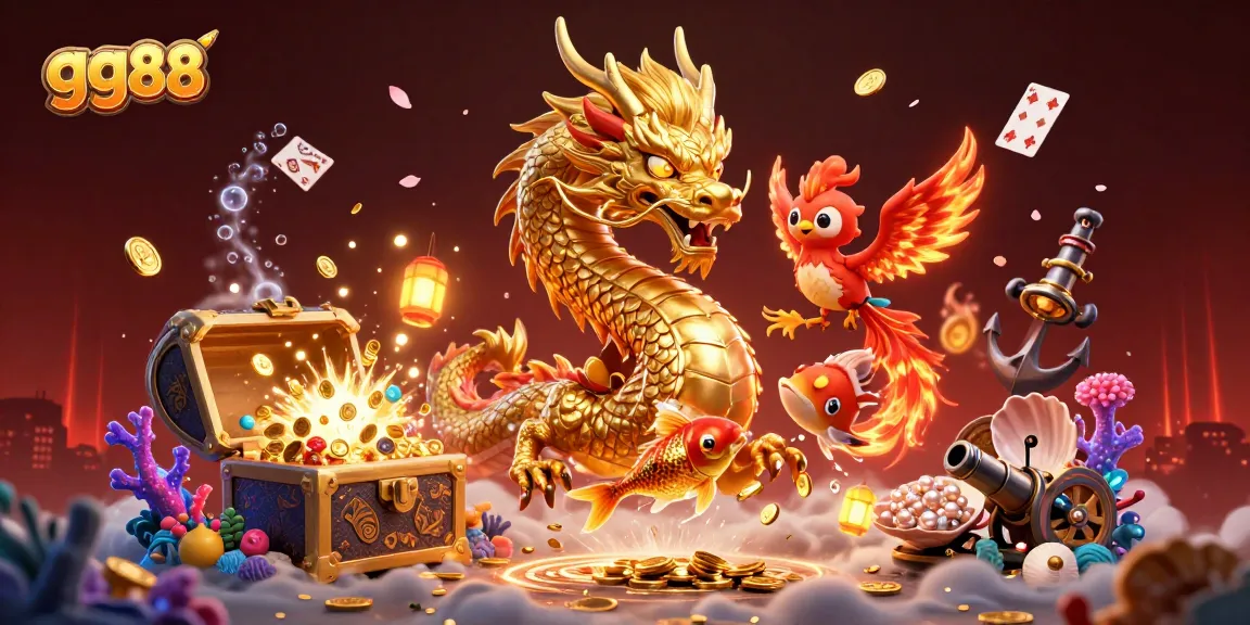 Join the excitement at gg88 as a golden koi fish leaps through coins alongside a dragon and phoenix!