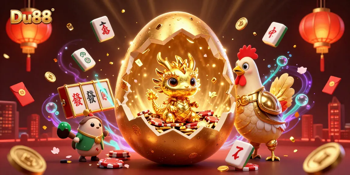 Experience thrilling gaming action at Du88 with a majestic golden dragon guarding poker chips amidst festive casino elements.