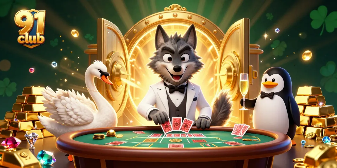 Experience excitement at 91 club with a debonair wolf, an elegant swan, and a sophisticated penguin in a casino scene.
