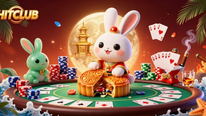 Experience the excitement of HITCLUB with the moon rabbit revealing poker chips and vibrant casino elements in a stunning scene.