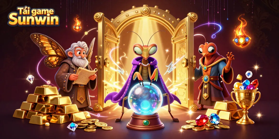 Tải game Sunwin with a fortune teller and librarian amidst gold and jewels, highlighting thrilling gaming.