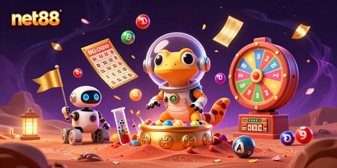 Experience net88's thrilling casino adventure with colorful lottery elements and a Martian gecko.