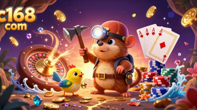 Join the fun at c168 com with our cartoon treasure hunter and canary surrounded by exciting casino elements.