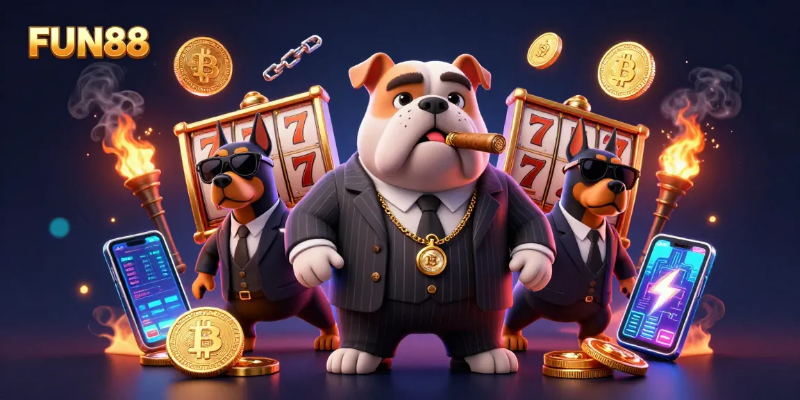 Engage in thrilling gameplay with FUN88's vibrant casino experience featuring a mafia bulldog and Doberman bodyguards.