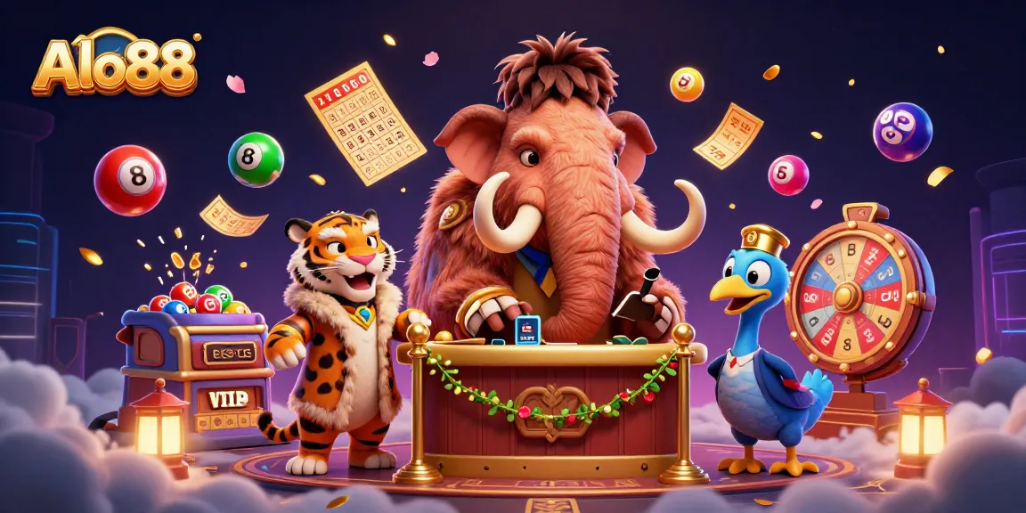 Alo88 presents a vibrant casino scene with unique characters and dynamic lottery elements, enhancing your gaming experience.