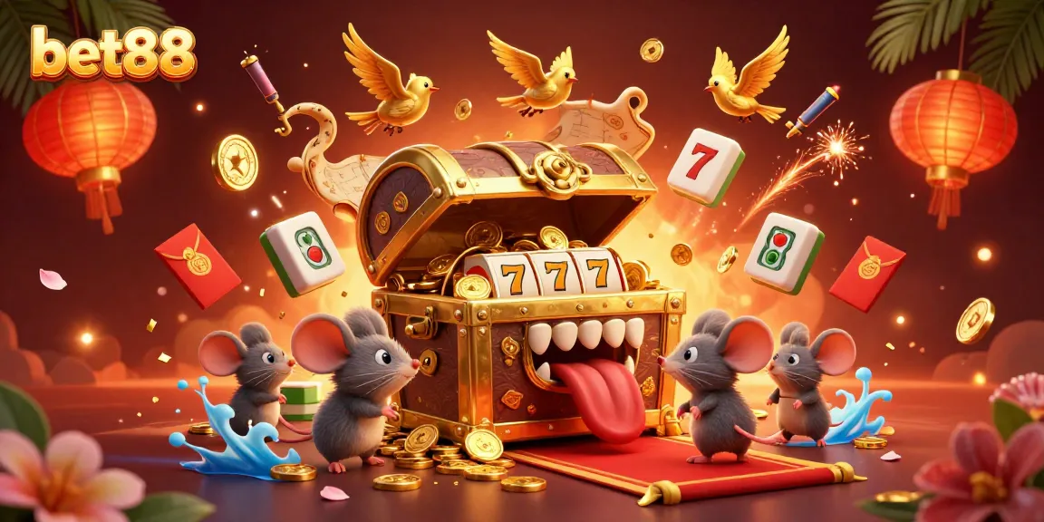 Bet88 slot treasure chest illustration attracts adventurer mice with golden coins, lucky 7s, and festive elements.