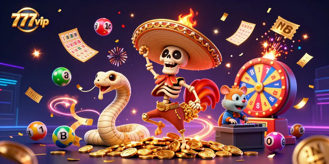 Experience excitement at 777vip with a vibrant 3D digital illustration featuring gambling action and game elements.