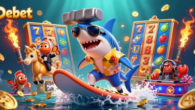 Debet showcases a shark surfing on gold coins with lively slot machine elements for an exciting casino theme.