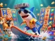 Debet showcases a shark surfing on gold coins with lively slot machine elements for an exciting casino theme.