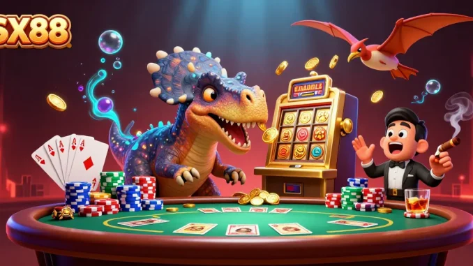 SX88 showcases a thrilling jackpot scene with dynamic characters and casino elements in action.