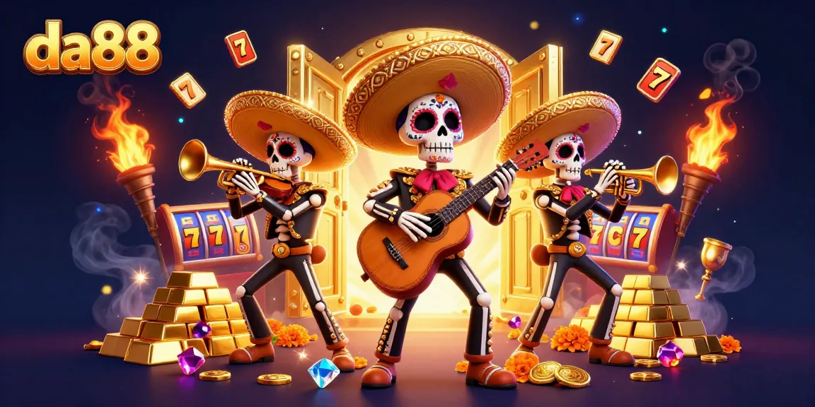 Experience the vibrant da88 casino atmosphere with lively mariachi skeletons amidst gold and jackpot icons.