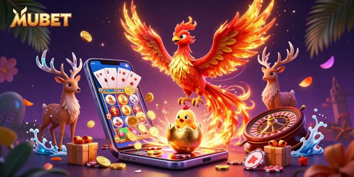 MUBET showcases an exhilarating scene with a fire phoenix, baby phoenix, and a stag, amidst lively casino elements.