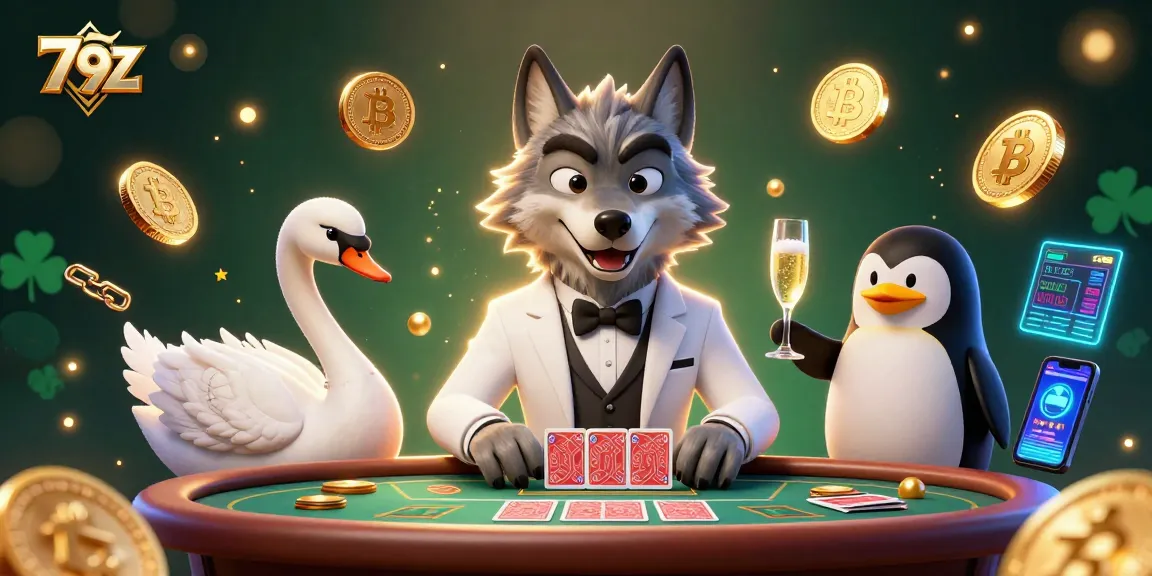 Engage with 79Z at a baccarat table featuring a debonair wolf dealing cards alongside a sophisticated penguin and swan.