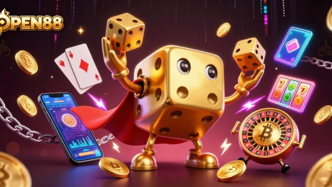 OPEN88 casino illustration with golden dice, crypto coins, and vibrant slot game elements