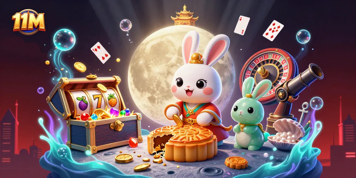 11M casino illustration of a moon rabbit and jade companion revealing poker chips, surrounded by vibrant gaming elements.
