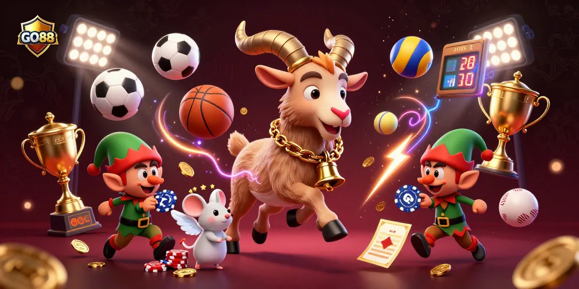 Experience the thrill at GO88 with the Krampus goat, angel mouse, and mischievous gremlins in this festive casino scene.