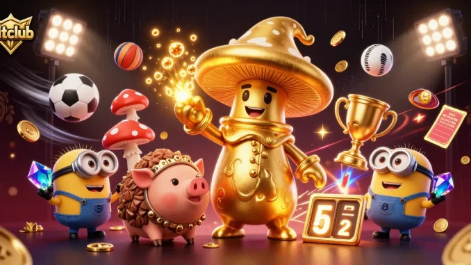 Experience magical treasures with hitclub's thrilling games and golden rewards in this vibrant 3D illustration.
