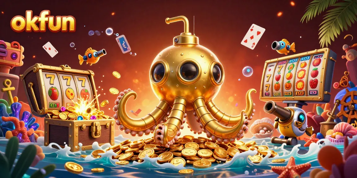 Engage with okfun's thrilling slots experience featuring golden kraken and treasure-filled underwater scene.