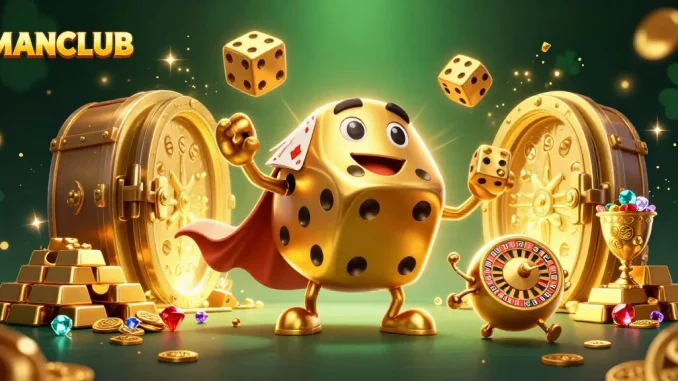 Experience the thrill at MANCLUB, featuring a golden dice golem amidst shimmering treasures in an exciting online casino.
