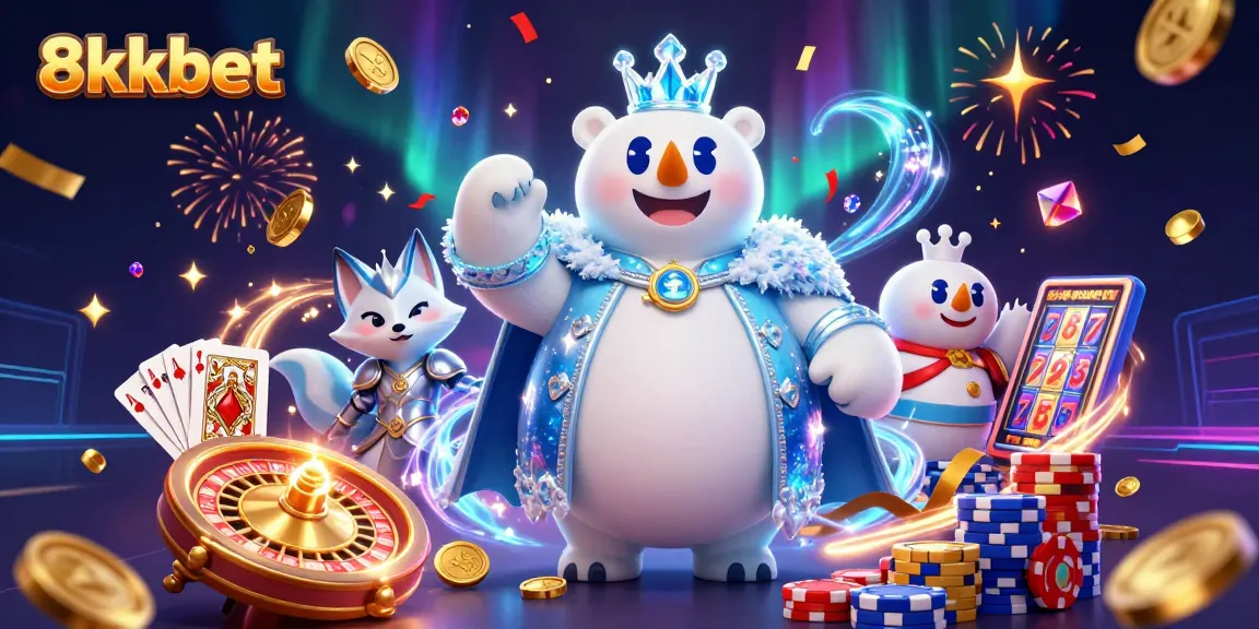 Experience the thrill of gambling with 8xbet, featuring a king polar bear and fox in a casino scene.