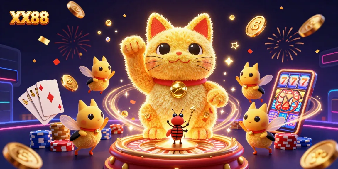 Experience the thrilling world of XX88 casino with golden lucky cat and dynamic game elements.
