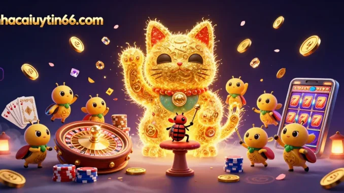 Engage in the vibrant casino world with nhacaiuytin66com's illustrative depiction of a lucky cat and dynamic gaming elements.