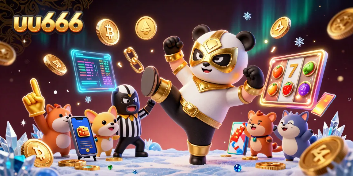 Engage in thrilling gaming with uu666 as a panda wrestler kicks amidst crypto coins and slot reels.
